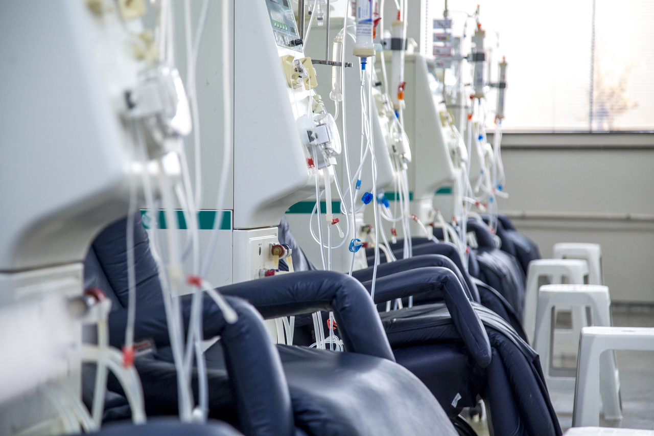 A hemodialysis room in a hospital